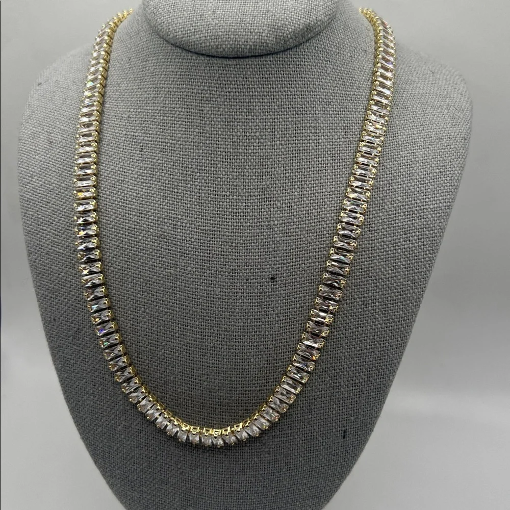 1190. 14K Gold Plated Crystal Baguette Necklace. 17”.